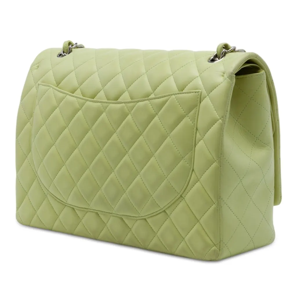 Chanel Maxi Classic Lambskin Double Flap Green Leather Very good - Back View