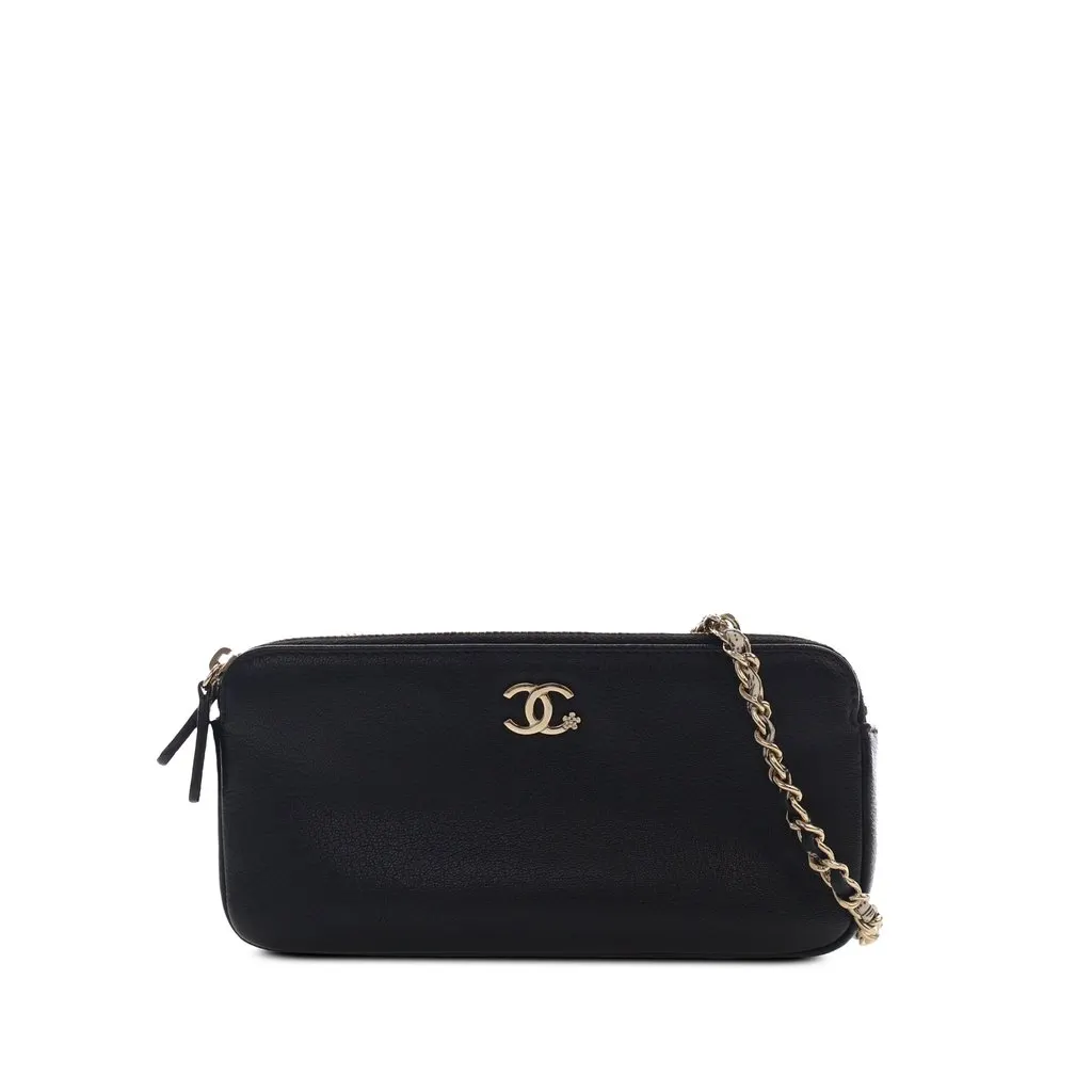 Chanel CC Calfskin Double Zip Wallet On Chain Black Leather Good - Front View