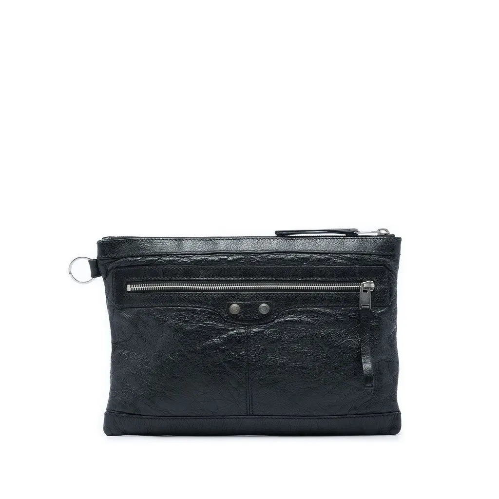 Balenciaga Lambskin Motocross Classic Clip Clutch M Black Leather Very good - Front View