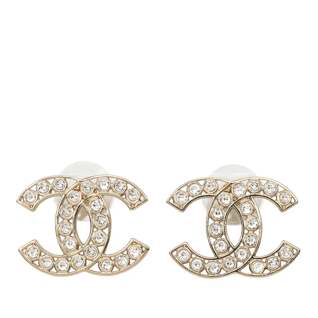 Chanel CC Gold Plated Strass Push Back Earrings