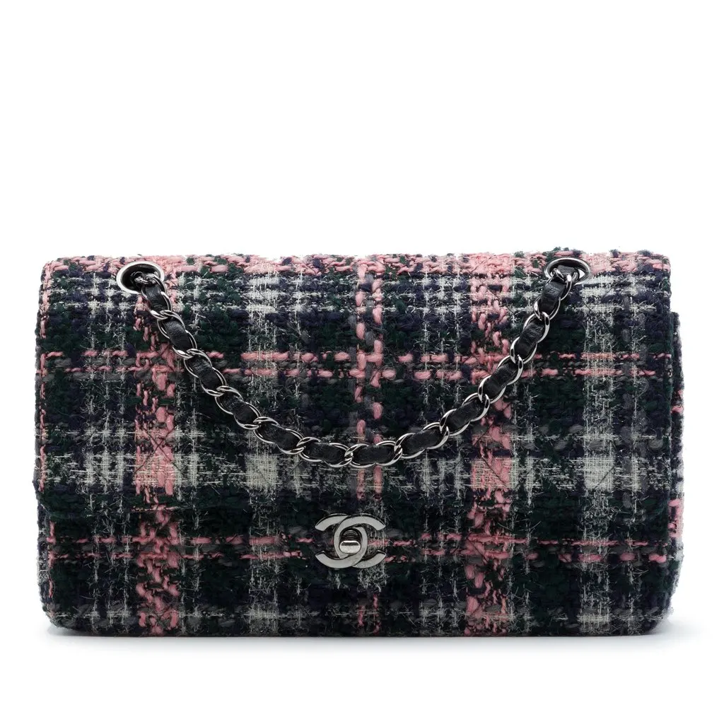 Chanel Medium Classic Tweed Double Flap Green Very good - Front View