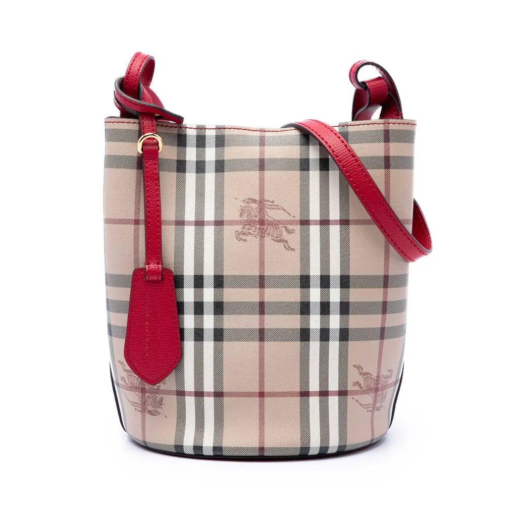 Burberry Haymarket Check Coated Canvas Lorne Bucket Bag Beige Very good - Front View