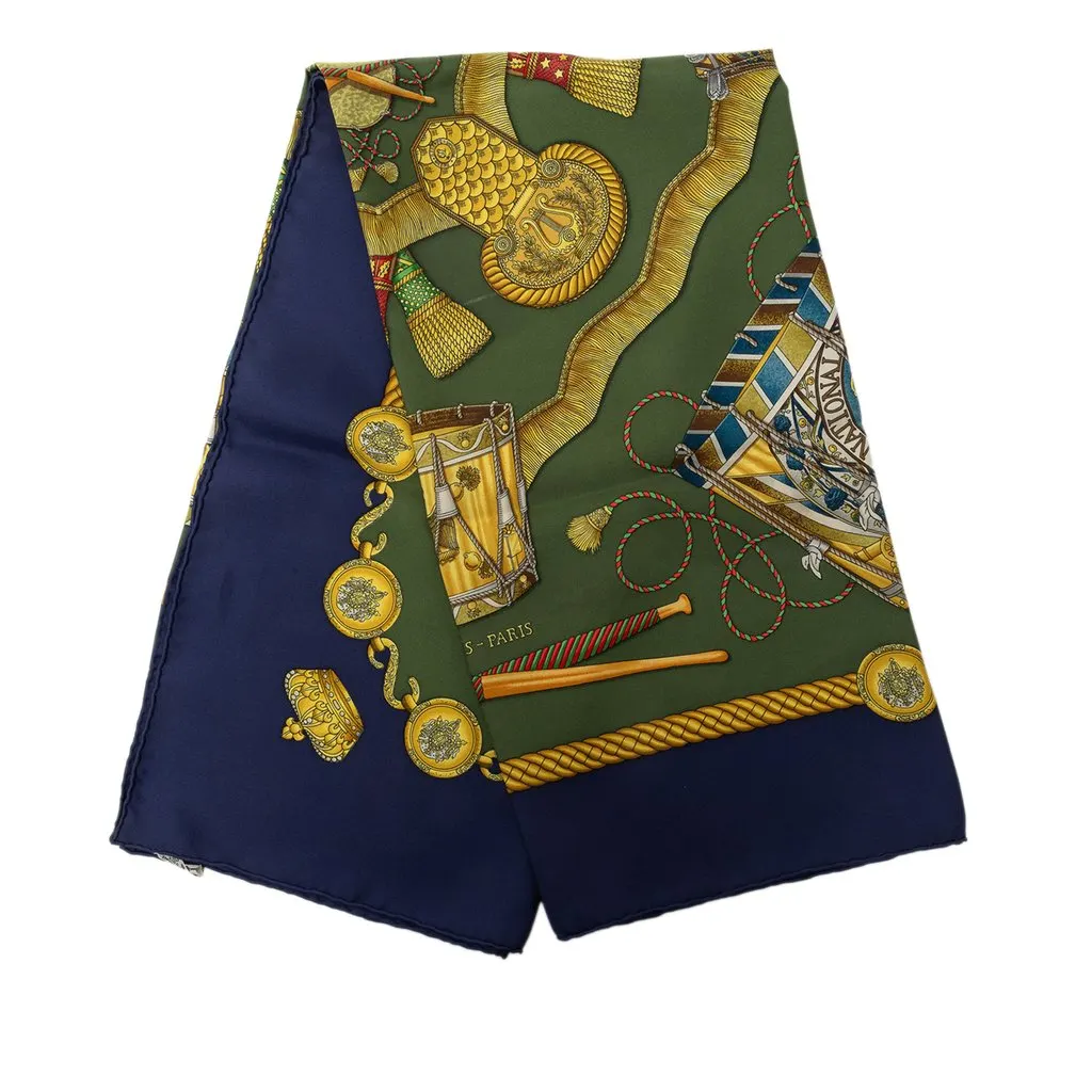 Hermès Les Tambours Silk Scarf 90 Green Silk Very good - Front View