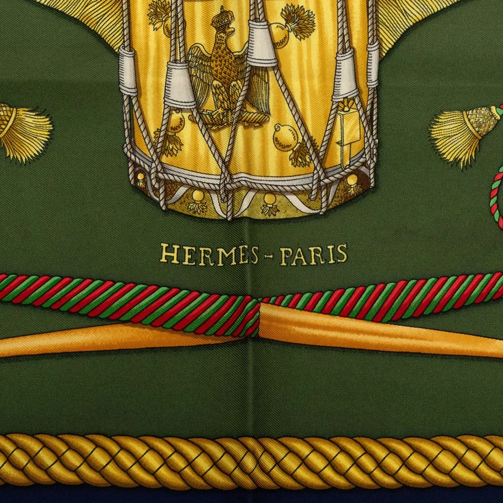 Hermès Les Tambours Silk Scarf 90 Green Silk Very good - Inside View