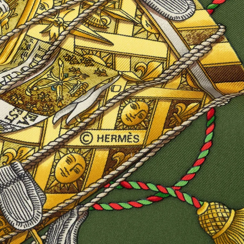 Hermès Les Tambours Silk Scarf 90 Green Silk Very good - Model View