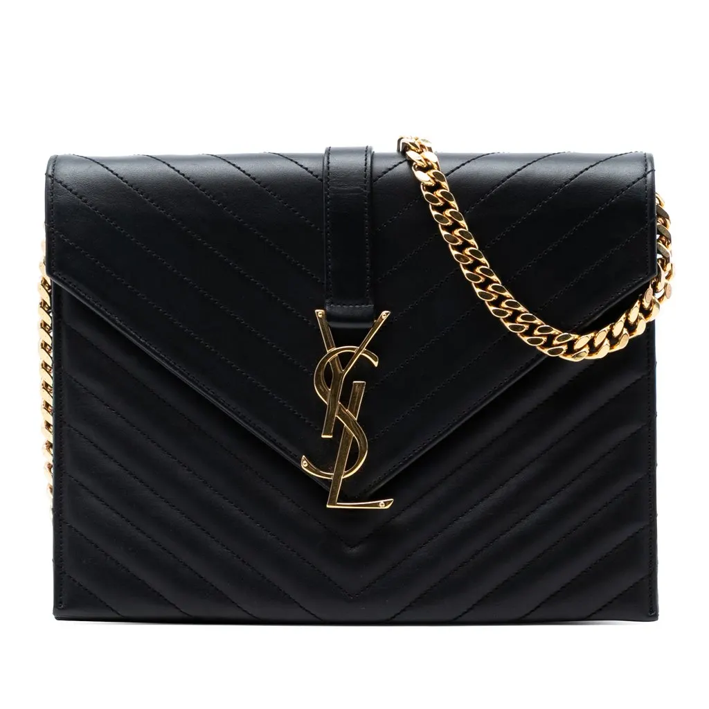 Saint Laurent Chevron Calfskin Classic Monogram Envelope Crossbody Black Leather Very good - Front View