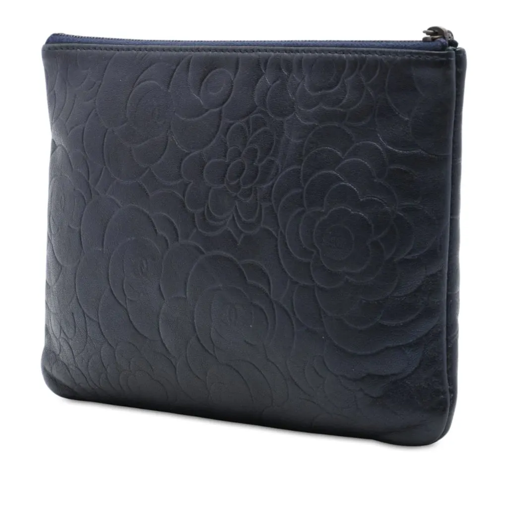 Chanel Medium CC Embossed Lambskin Camellia O Case Clutch Blue Leather Very good - Back View