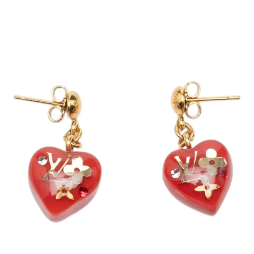 Louis Vuitton Gold Plated Monogram Resin Inclusion Heart Drop Push Back Earrings Red Plastic Very good - Front View