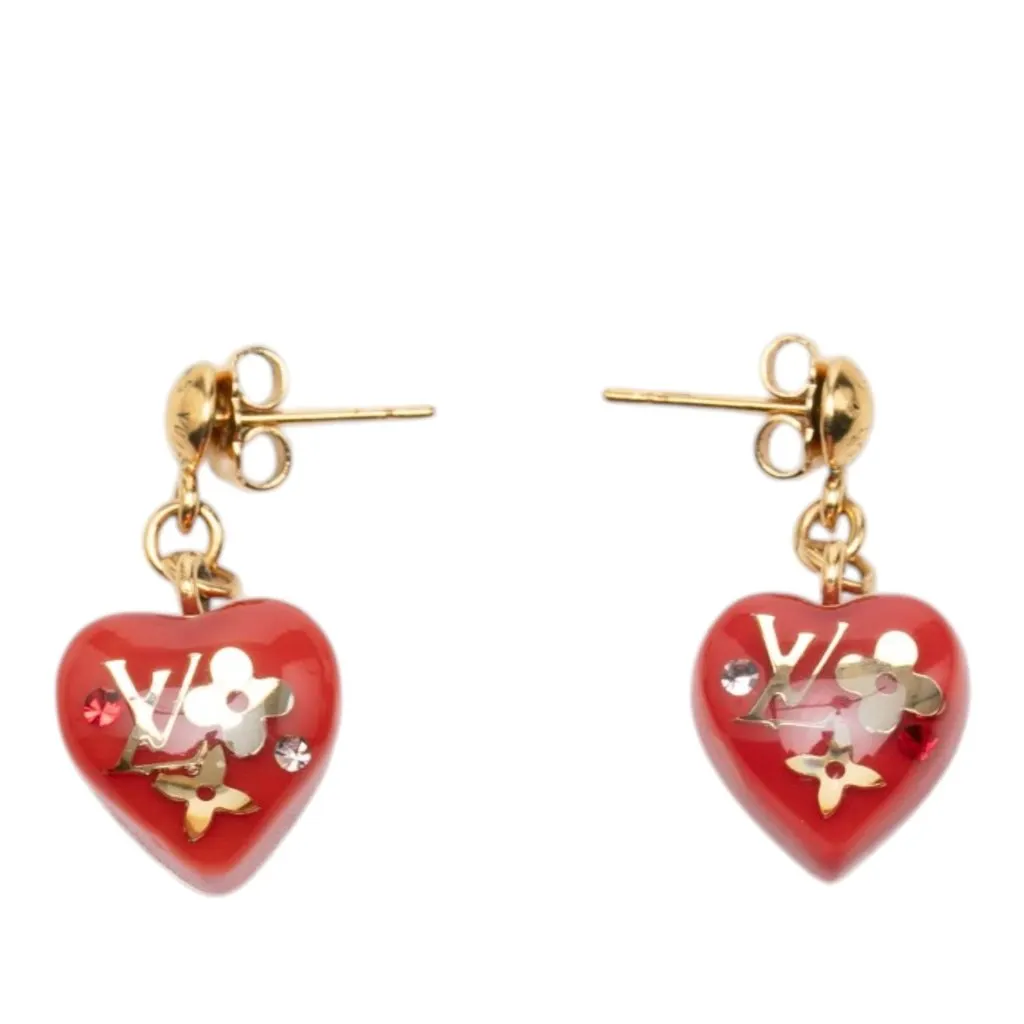 Louis Vuitton Gold Plated Monogram Resin Inclusion Heart Drop Push Back Earrings Red Plastic Very good - Back View