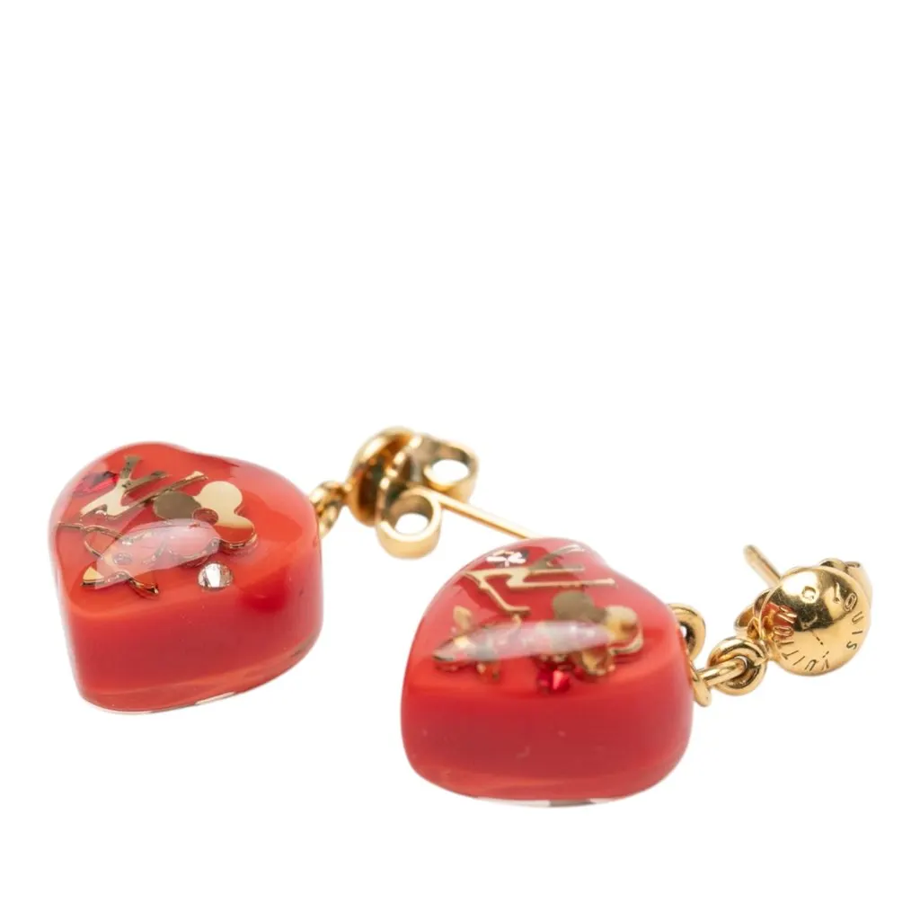 Louis Vuitton Gold Plated Monogram Resin Inclusion Heart Drop Push Back Earrings Red Plastic Very good - Inside View