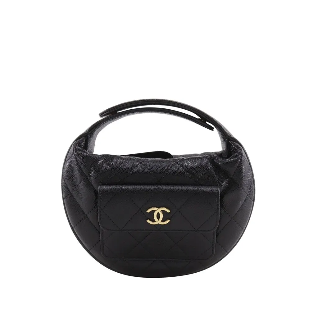 Chanel Mini Quilted Caviar Polly Pocket Hobo Black Leather Very good - Front View