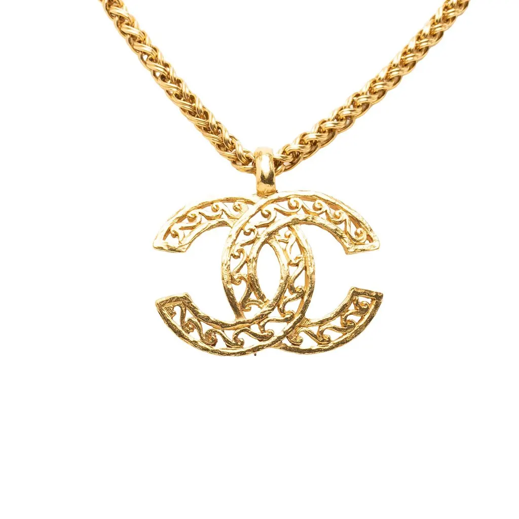 Chanel CC Gold Plated Filigree Pendant Necklace Gold Metal Good - Back View