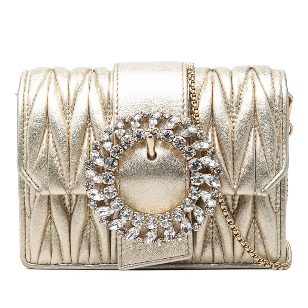 Miu Miu Mini Matelasse Metallic Nappa Crystal Embellished Crossbody Gold Leather Very good - Front View