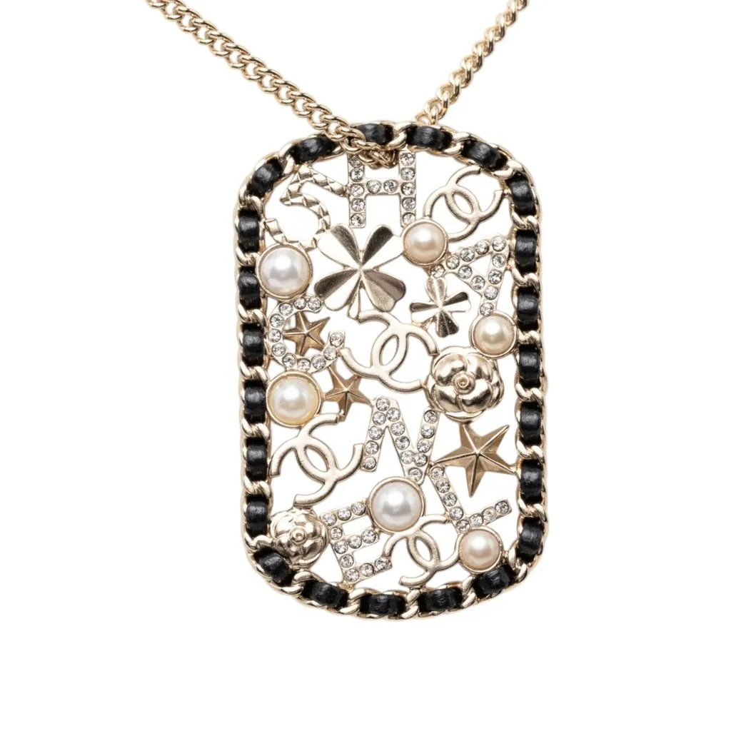 Chanel CC Gold Plated Mosaic Estate Clover Star Leather Woven Chain Pendant Necklace Gold Metal Very good - Back View