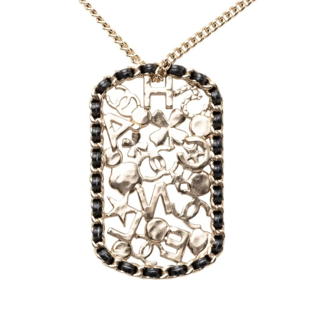 Chanel CC Gold Plated Mosaic Estate Clover Star Leather Woven Chain Pendant Necklace Gold Metal Very good - Inside View