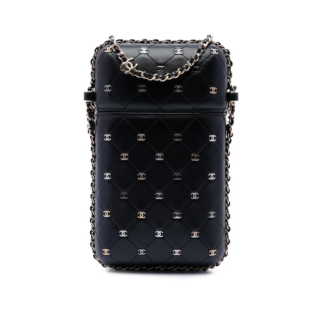 Chanel CC Quilted and Studded Lambskin Chain Around Phone Holder Black Leather Very good - Front View