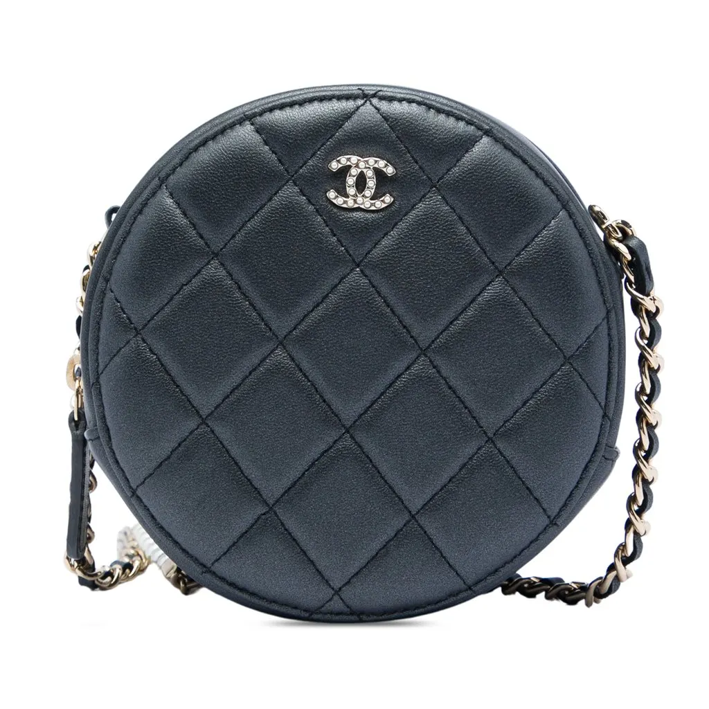 Chanel CC Quilted Iridescent Lambskin Pearl Round Clutch with Chain Black Leather Very good - Front View
