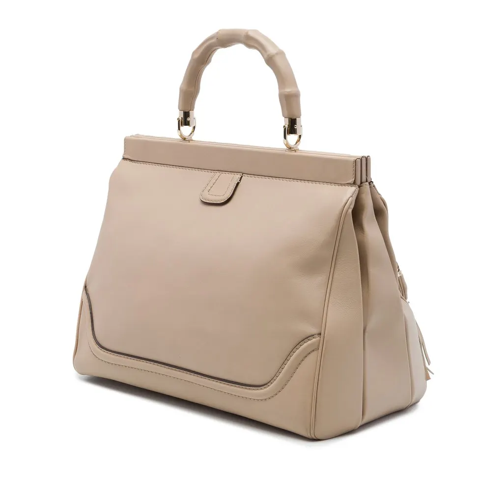 Gucci Medium Calfskin Bold Bamboo Top Handle Bag Beige Leather Very good - Back View
