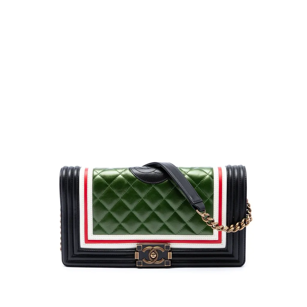 Chanel Multicolor Quilted Lambskin Crest East West Boy Flap Green Leather Good - Front View