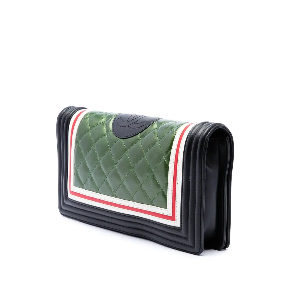Chanel Multicolor Quilted Lambskin Crest East West Boy Flap Green Leather Good - Back View