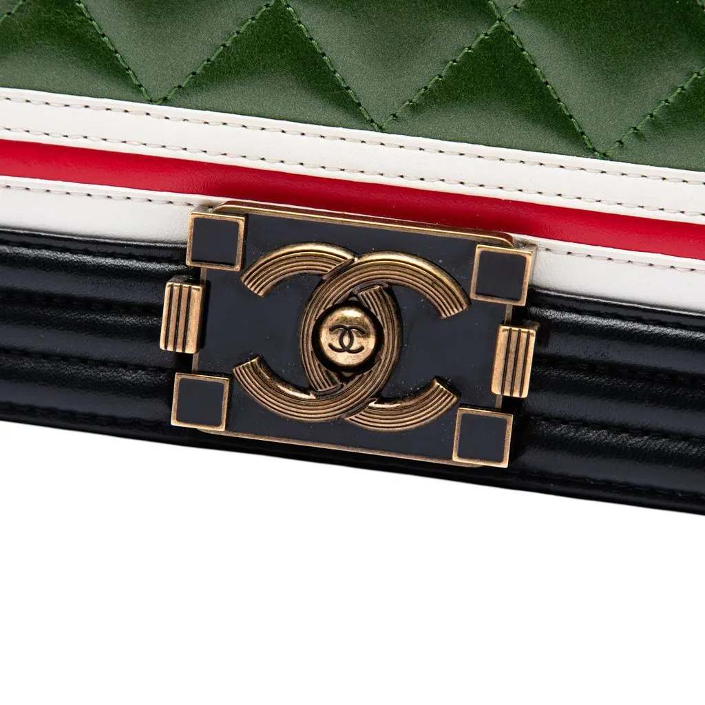 Chanel Multicolor Quilted Lambskin Crest East West Boy Flap Green Leather Good - Box View