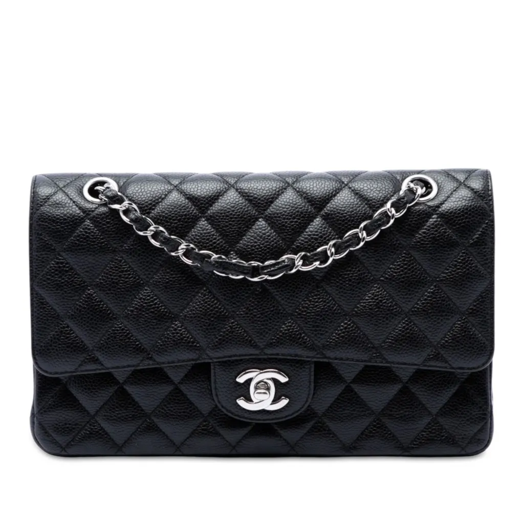 Chanel Medium Classic Caviar Double Flap Black Leather Very good - Front View