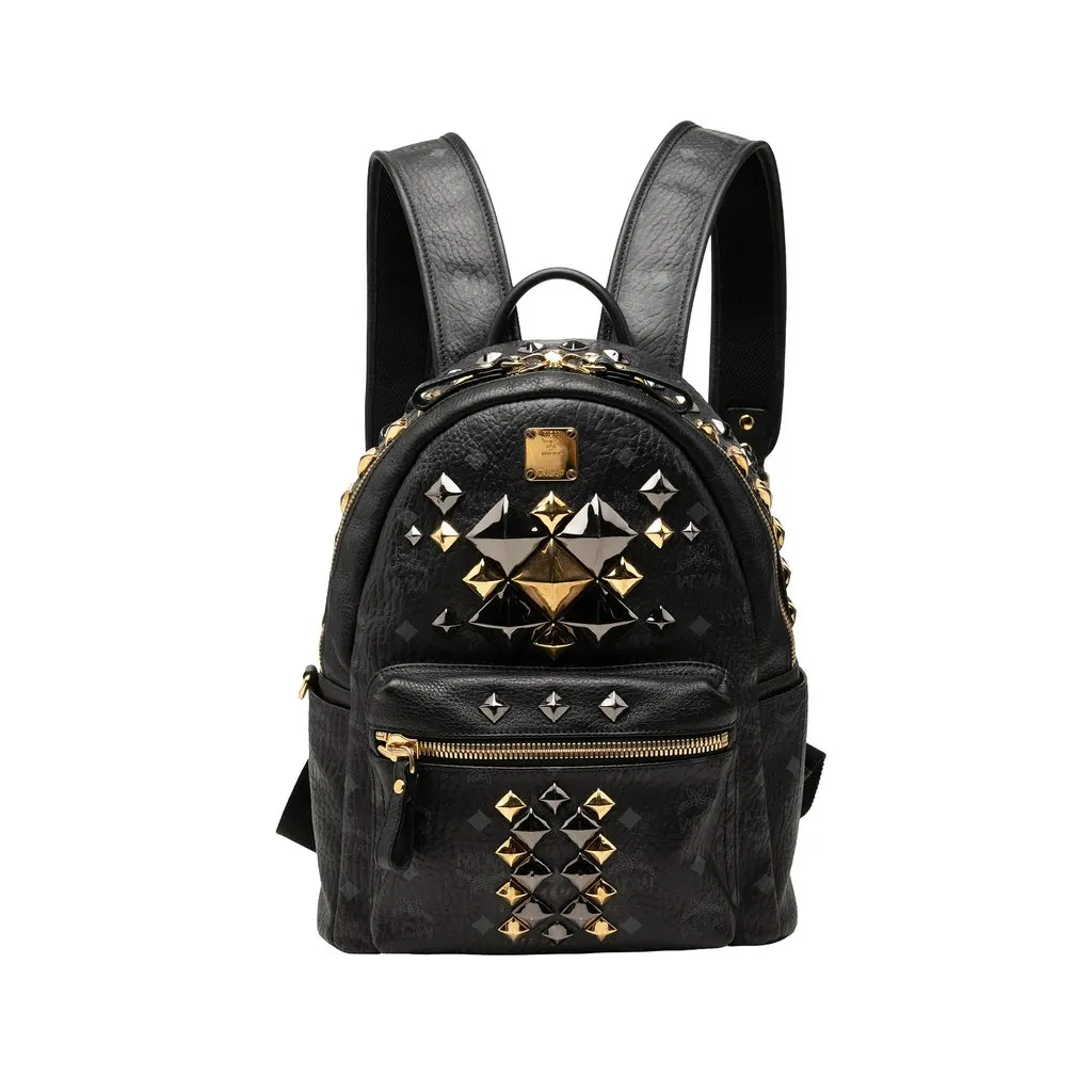 MCM Small Visetos Coated Canvas Studded Stark Brock Backpack Black Canvas Good - Front View