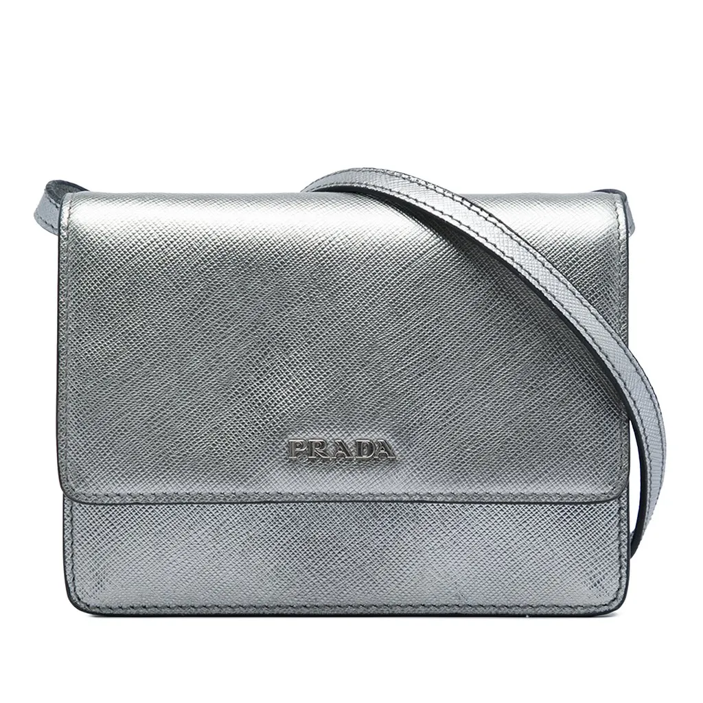 Prada Saffiano Wallet on Strap Silver Leather Very good - Front View
