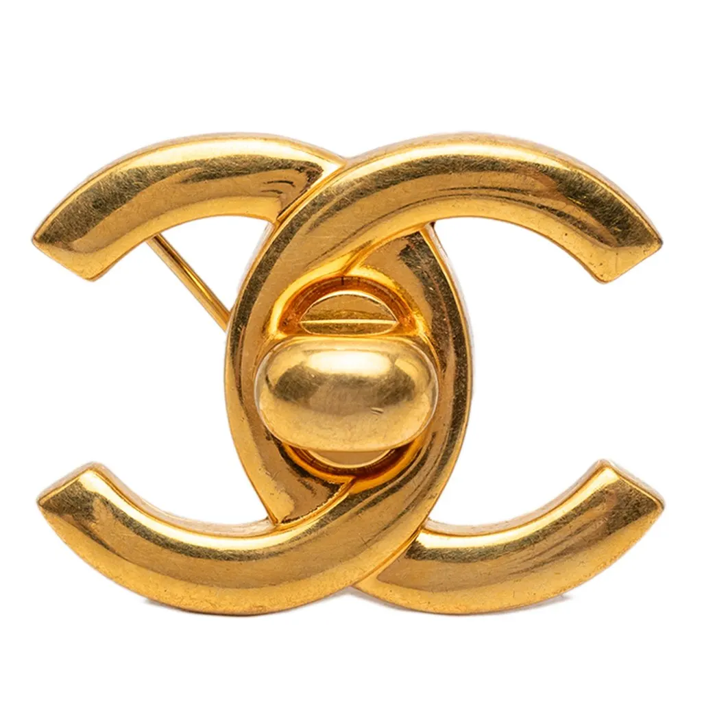 Chanel CC Gold Plated Turn Lock Brooch Gold Metal Very good - Front View