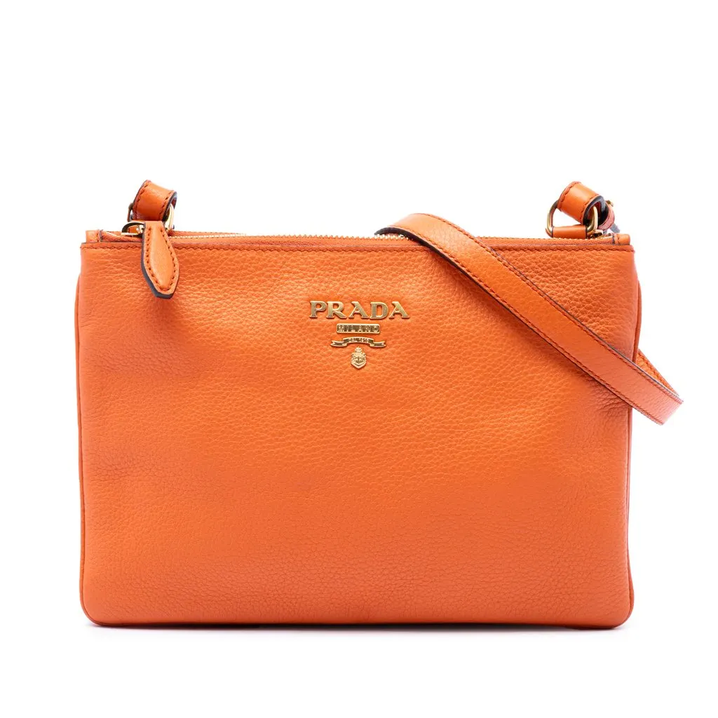 Prada Vitello Phenix Double Zip Crossbody Orange Leather Very good - Front View