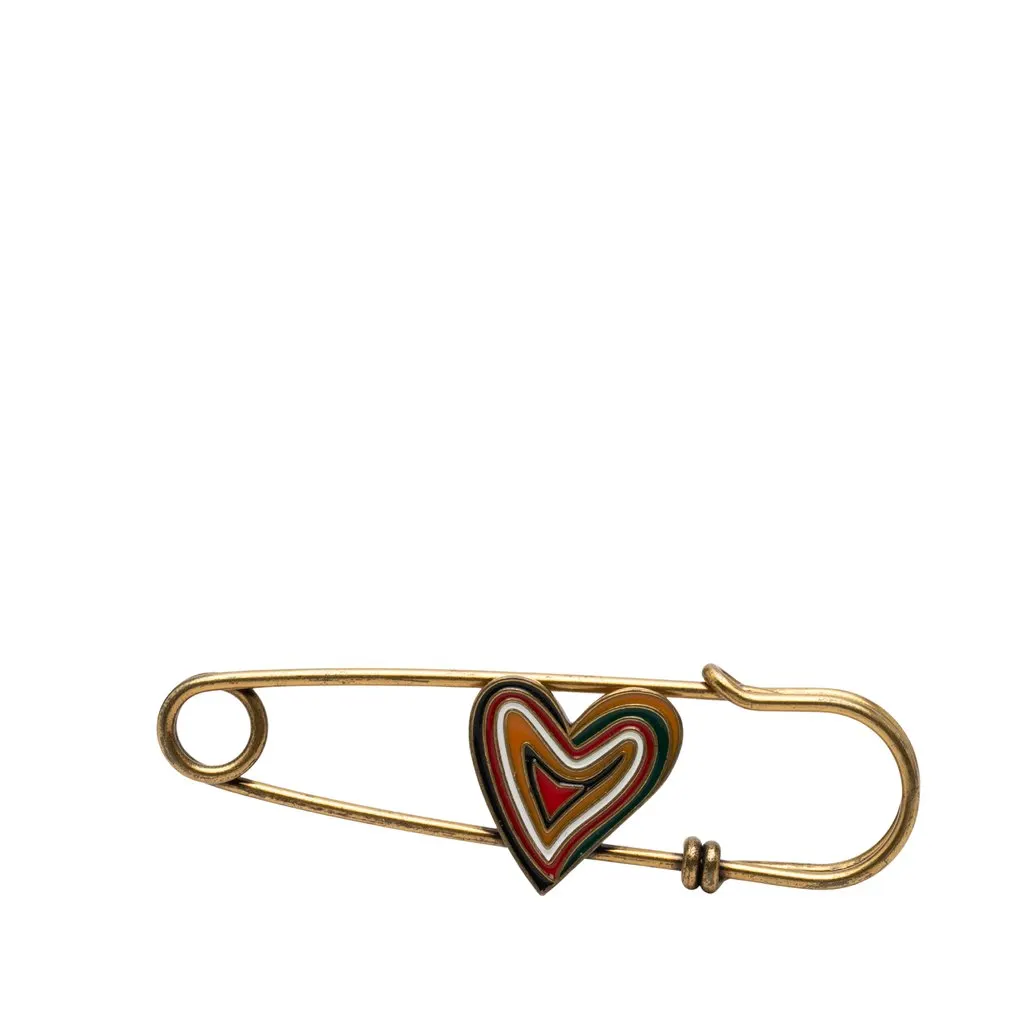 Dior Gold Plated Enamel Heart Safety Pin Brooch Gold Metal Very good - Front View