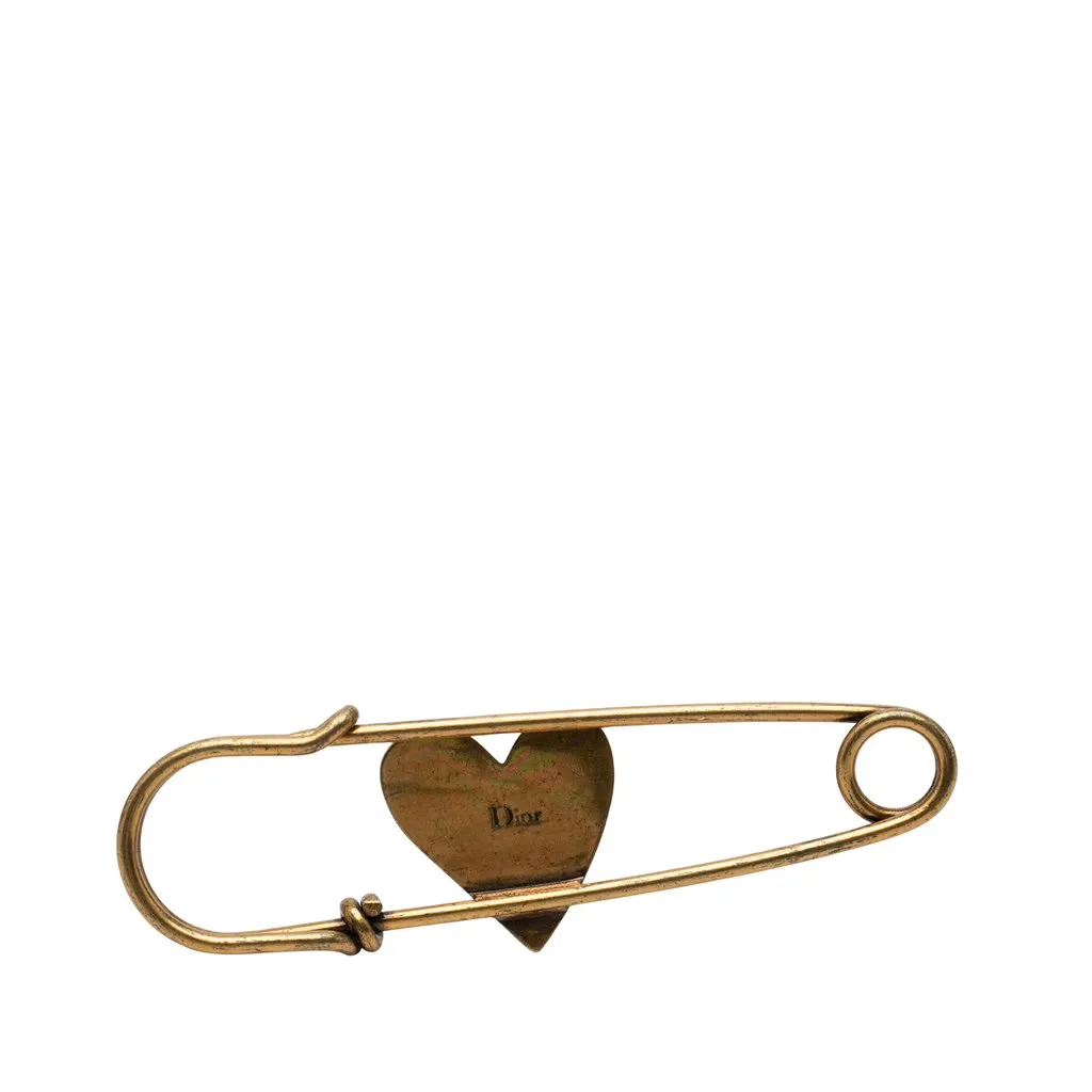 Dior Gold Plated Enamel Heart Safety Pin Brooch Gold Metal Very good - Back View
