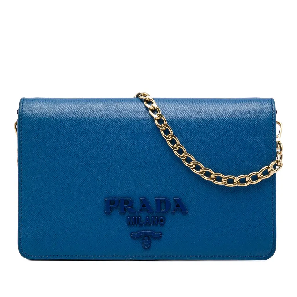 Prada Saffiano Lux Monochrome Wallet on Chain Blue Leather Good - Front View