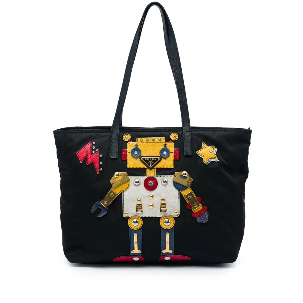 Prada Saffiano Trimmed Tessuto Robot Tote Black Very good - Front View