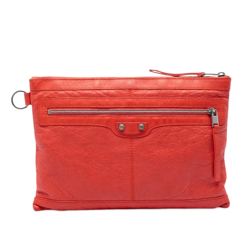 Balenciaga Lambskin Motocross Classic Clip M Clutch Orange Leather Good - Front View