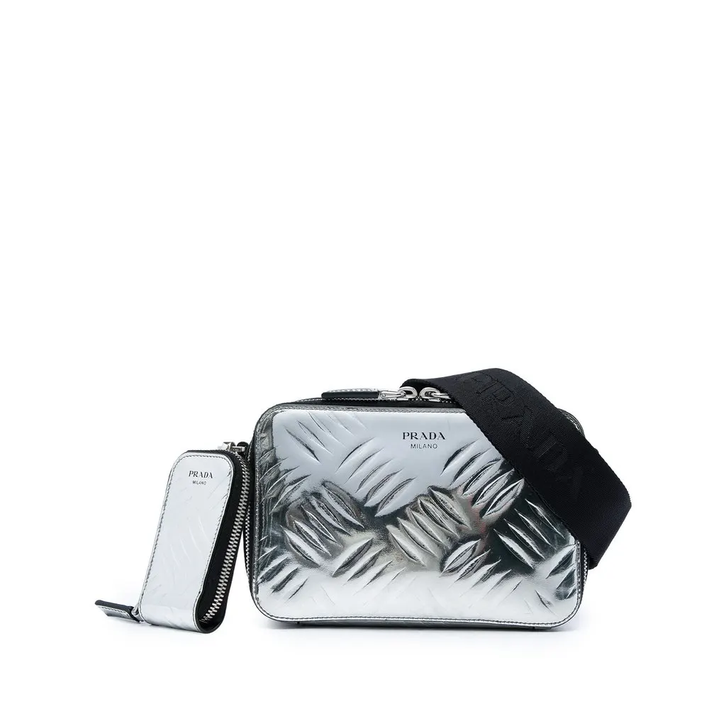 Prada Metallic Spazzolato Embossed Leather Brique Crossbody Silver Leather Very good - Front View