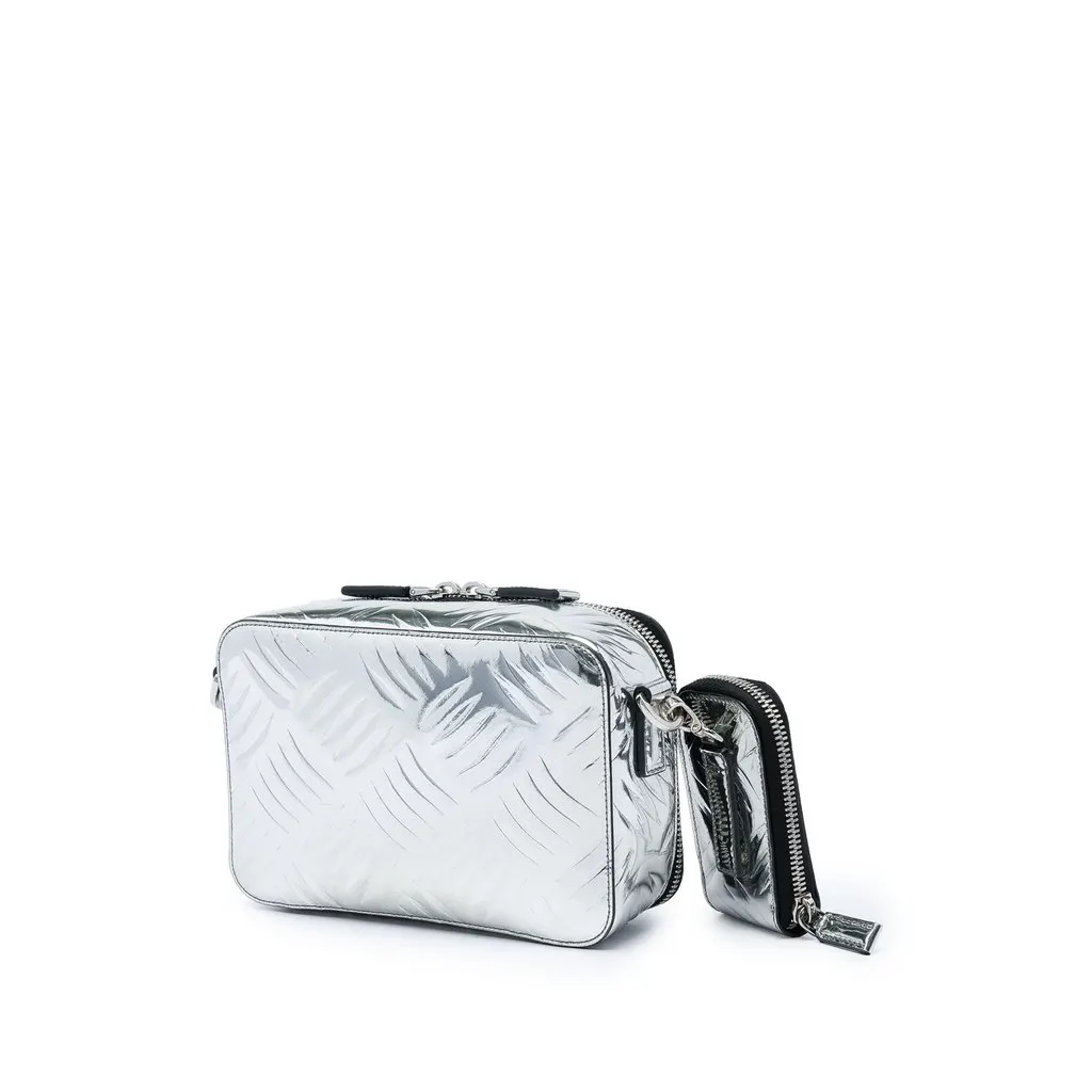 Prada Metallic Spazzolato Embossed Leather Brique Crossbody Silver Leather Very good - Back View