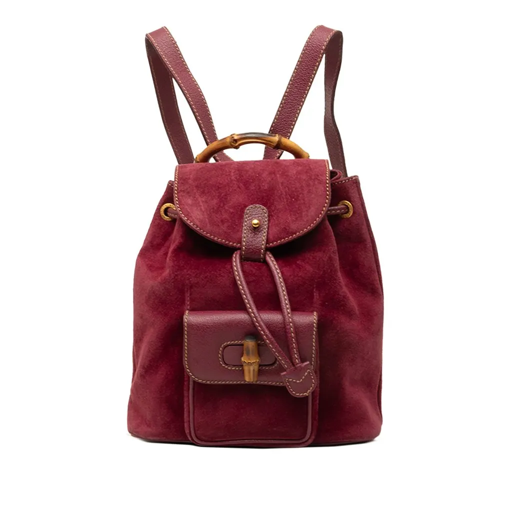 Gucci Mini Suede Bamboo Drawstring Backpack Red Suede Good - Front View