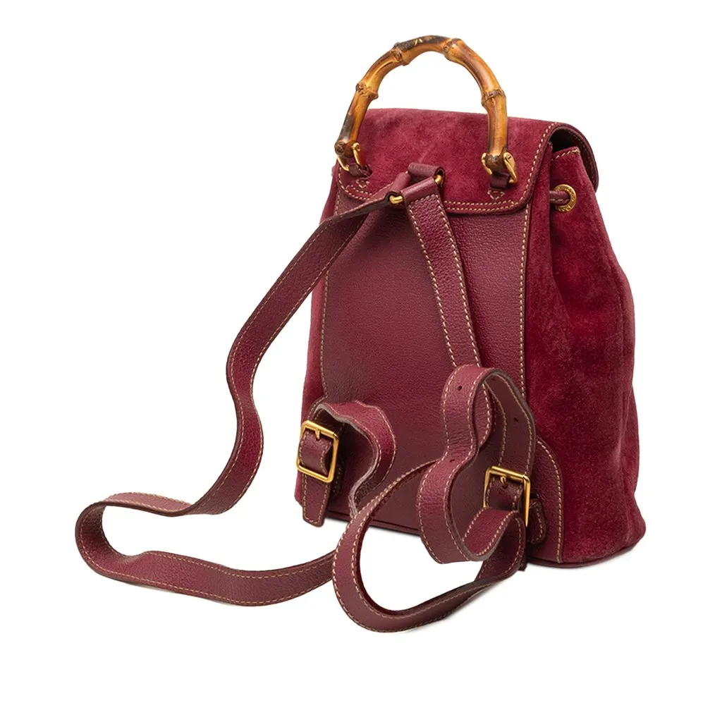 Gucci Mini Suede Bamboo Drawstring Backpack Red Suede Good - Back View
