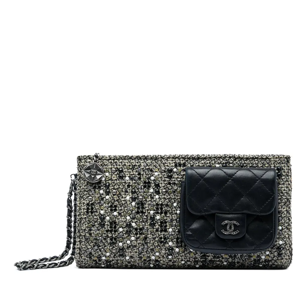Chanel Monochrome Tweed Embellished Mineral Nights Pochette Wristlet Black Tweed Good - Front View