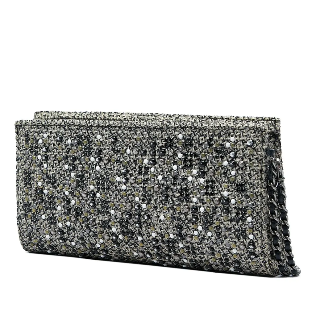 Chanel Monochrome Tweed Embellished Mineral Nights Pochette Wristlet Black Tweed Good - Back View