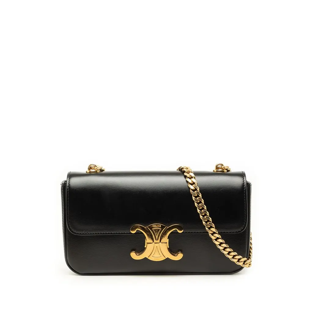Celine Shiny Calfskin Claude Chain Shoulder Bag Black Leather Very good - Front View