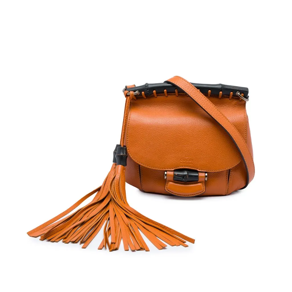 Gucci Small Calfskin Bamboo Nouveau Fringe Crossbody Orange Leather Good - Front View