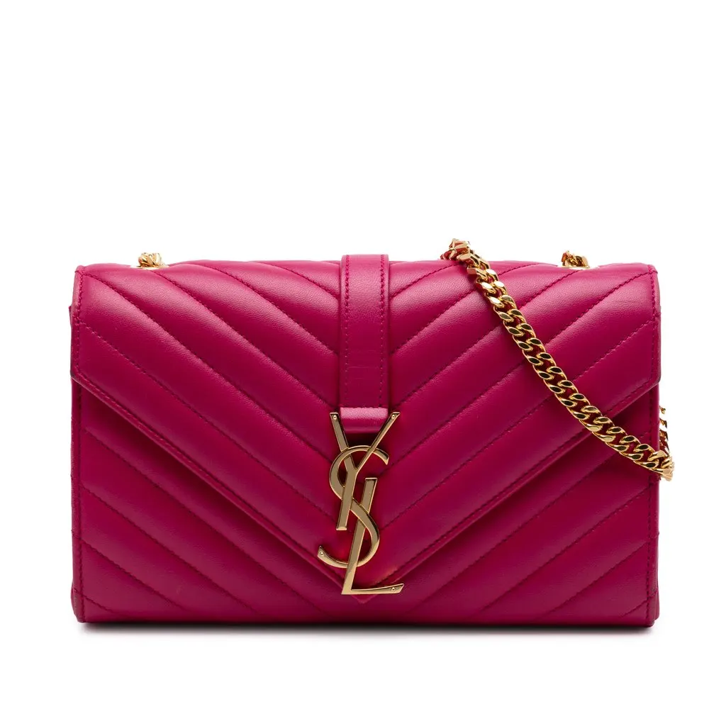 Saint Laurent Small Chevron Calfskin Monogram Envelope Bag Pink Leather Very good - Front View