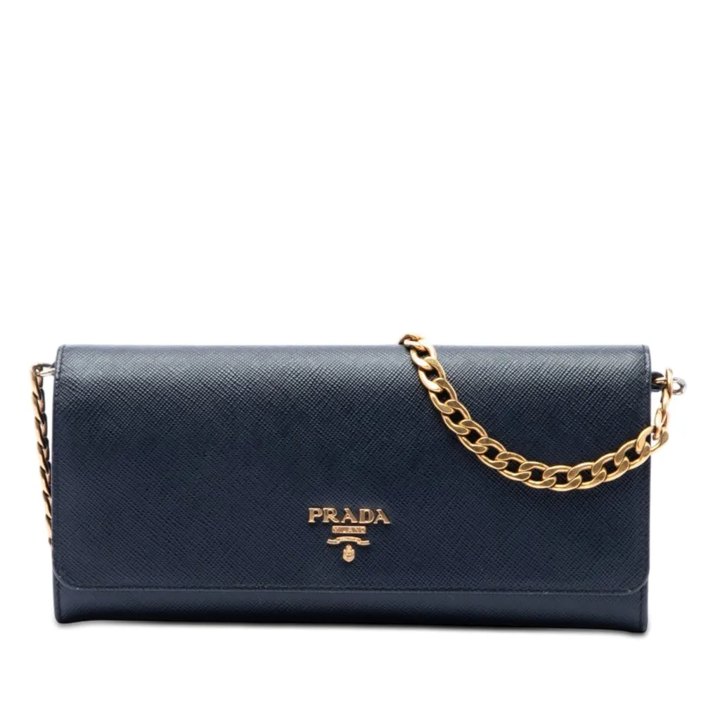 Prada Saffiano Lux Wallet On Chain Blue Leather Very good - Front View
