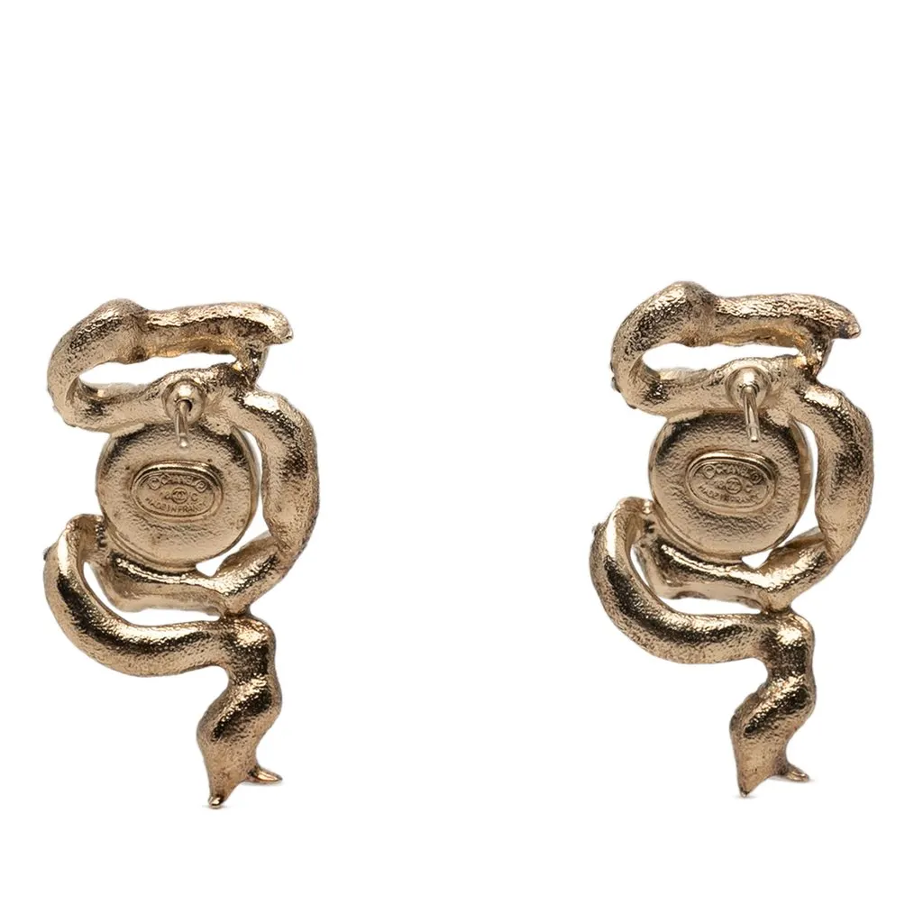 Chanel CC Gold Plated Faux Pearl & Strass Ribbon Push Back Earrings Gold Metal Very good - Back View