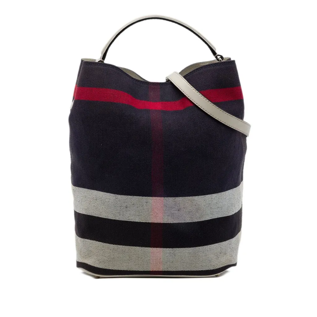 Burberry Medium Mega Check Canvas Ashby Bucket Bag Blue Canvas Very good - Front View