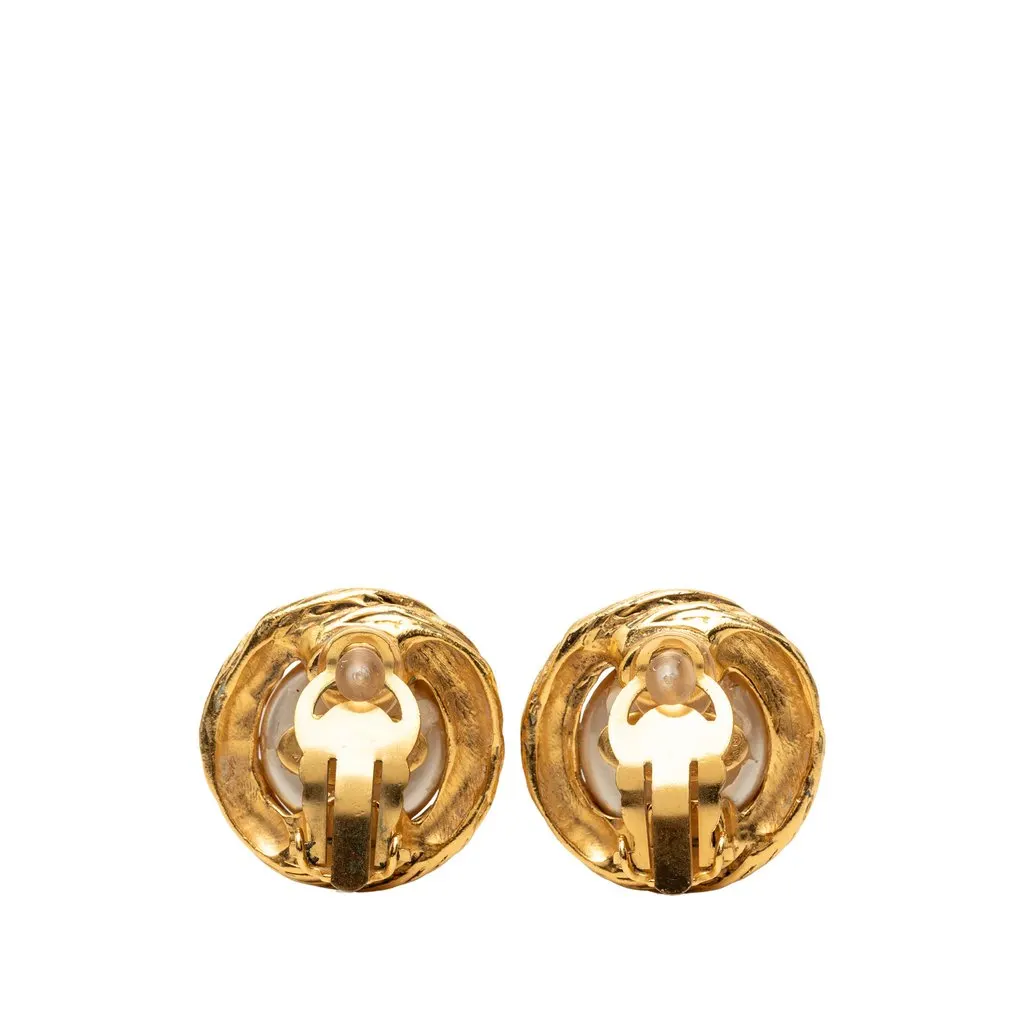 Chanel CC Gold Plated Faux Pearl Clip On Earrings Gold Metal Good - Back View