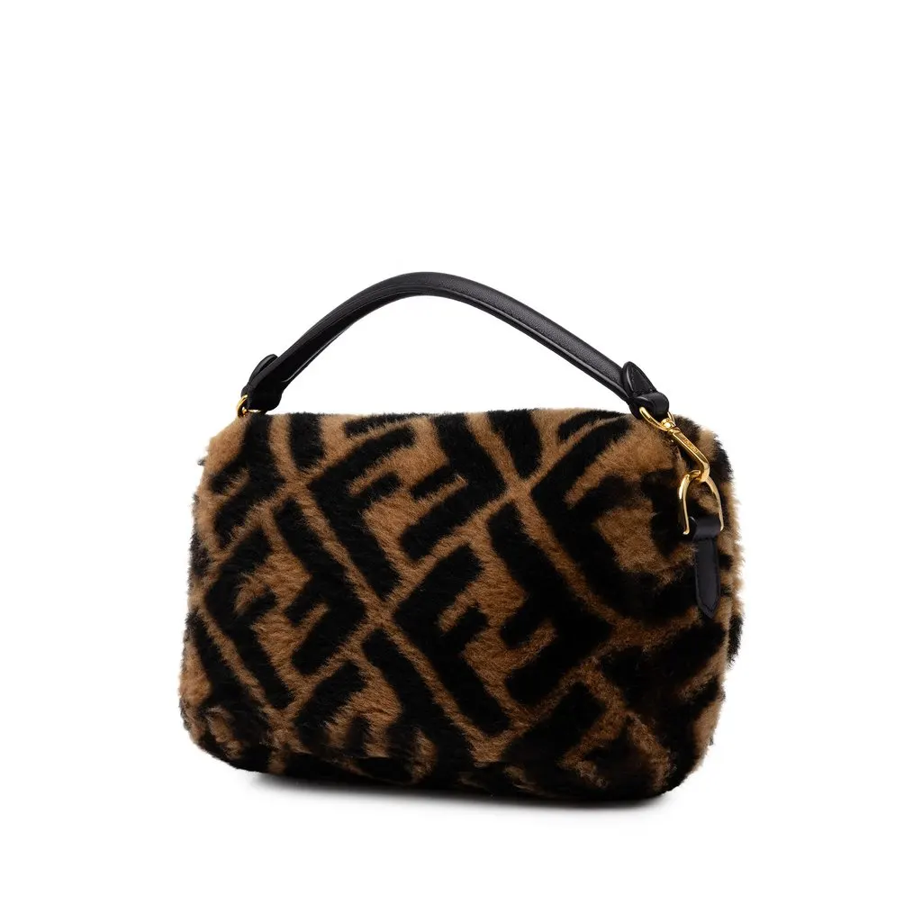 Fendi Mini Zucca Shearling Baguette Satchel Brown Fur Very good - Back View