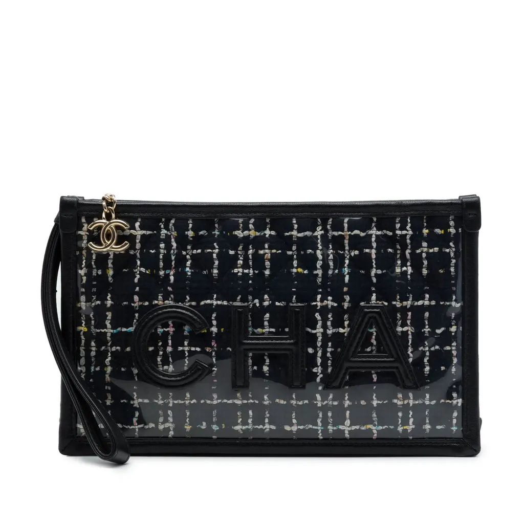 Chanel Large Quilted Tweed PVC Logo Wristlet Clutch Black Very good - Front View